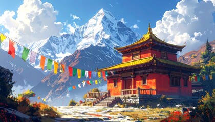A vibrant artistic depiction of a serene temple nestled amidst majestic snow-capped mountains, adorned with prayer flags.