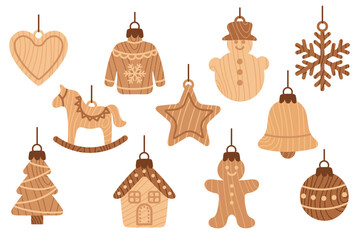 Vector set of wooden Christmas ornaments including star, heart, bell, snowflake, sweater, tree, horse, gingerbread and bauble for holiday decoration.