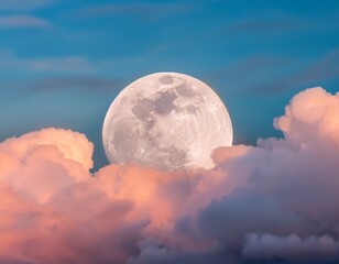 full moon partially obscured by clouds in a pastel sky