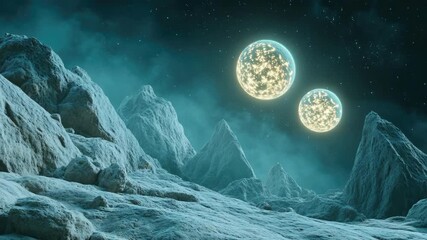 Dramatic space scene with two celestial bodies in the sky and rocky terrain below.