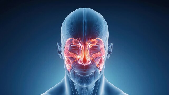 High Definition X-Ray of Human Head and Facial Bones Illustrating Sinusitis Infection Zones and Nasal Passage, Clinical Diagnostic Concept