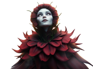 A digitally rendered image of a woman with pale skin, adorned with a floral headdress and collar.