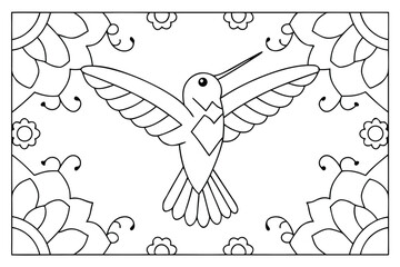 Naklejka premium Outline drawing of a hummingbird in flight with decorative floral elements for coloring page
