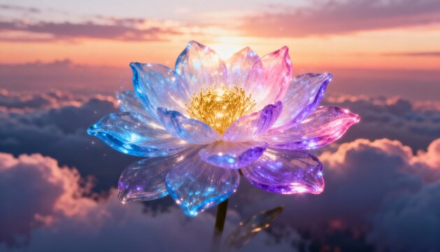 Mystical Bloom Above the Clouds: A luminous, ethereal flower, its petals aglow with an array of vibrant colors, floats gracefully above a sea of soft.
