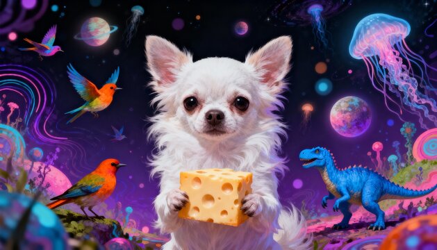 Chihuahua with Cheese: A surreal and enchanting scene unfolds as a fluffy chihuahua proudly holds a cube of cheese. Surrounded by vibrant, dreamlike elements like birds and celestial bodies.