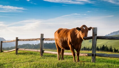 brown cow standing gracefully beside a weathered wooden fence grazing in a lush grassy pasture under the open sky