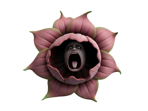 A surreal artistic depiction of a flower with a human-like face screaming from within its petals. - Powered by Adobe