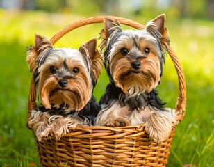 Charming yorkshire terriers nestled together in a wicker basket outdoors