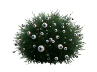 A surreal, hairy green bush-like creature covered with numerous staring blue eyeballs, isolated on a white background.
