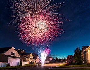 a vibrant fireworks display decorates the night sky of a suburban neighborhood celebrating silvester