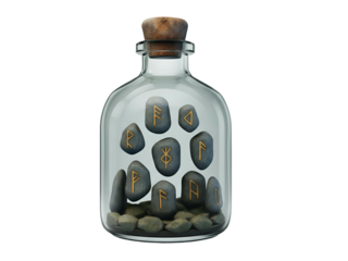 A collection of ancient Norse runestones with golden symbols, sealed inside a clear glass bottle with a cork stopper.