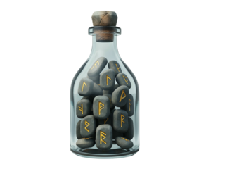 A clear glass bottle filled with numerous grey stones inscribed with golden runes, sealed with a cork.