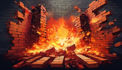 exploding brick wall with fiery debris