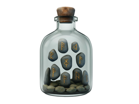 A collection of ancient Norse runestones with golden symbols, sealed inside a clear glass bottle with a cork stopper. - Powered by Adobe