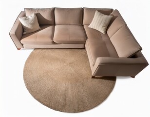 beige circular rug with a sectional sofa and armchair overhead view