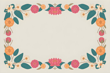 Fototapeta premium Floral Decorative Frame with Jasmine Lotus Marigolds and Banyan Leaves Indian Inspired Botanical Illustration