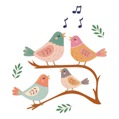 Festive illustration of four colorful birds singing on branches with music symbols, from the holiday song 12 Days of Christmas.