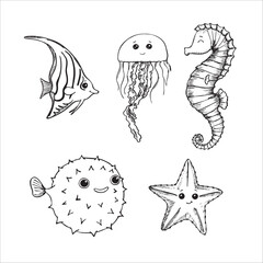 Cartoon Sea Animal drawn in line art style. Sea set. Vector illustration