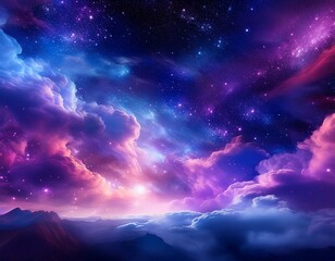 cosmic clouds in vibrant hues of purple and blue speckled with stars