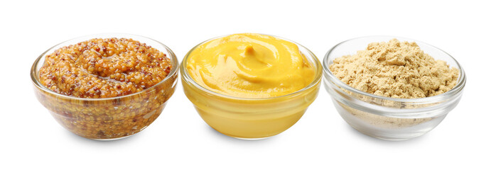 Different types of mustard isolated on white