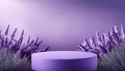 elegant lavender flowers surround a purple podium on a 3d platform creating a serene nature inspired background perfect for highlighting products with a touch of summer charm