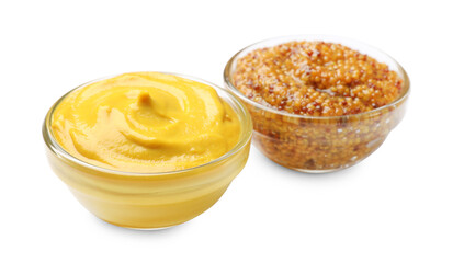 Different types of mustard isolated on white