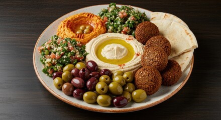 Vibrant Mediterranean Mezze Platter: Hummus, Falafel, Tabbouleh, and Olives