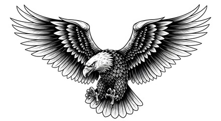 Black and White Illustration of Fierce Eagle with Outstretched Wings and Clawed Talons