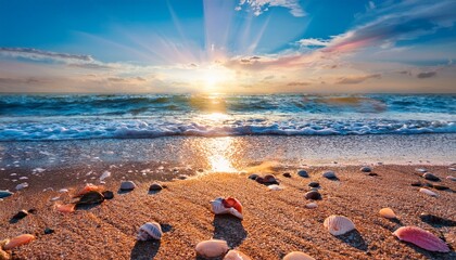 vibrant abstract summer beach scene a mix of colors and textures created by sand pebbles and shells with the sun s rays reflecting bright hues the background captures the vast endless ocean