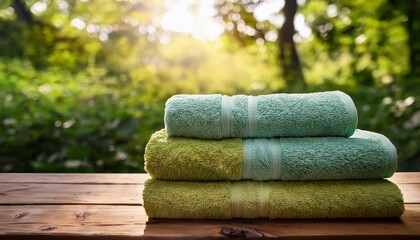 soft folded towels resting on rustic wood soft greenery blurring behind suggesting peaceful wellness sanctuary