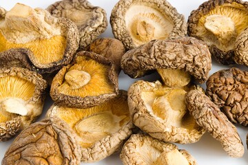 Dried shiitake mushrooms on a white background, showcasing detailed textures and a natural, savory palette.