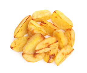 Pile of tasty baked potatoes isolated on white, top view