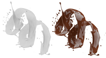 Milk and chocolate splash. Milkshake and melted brown choco isolated on white background. 3d render
