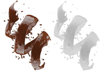 Milk and chocolate splash. Milkshake and melted brown choco isolated on white background. 3d render