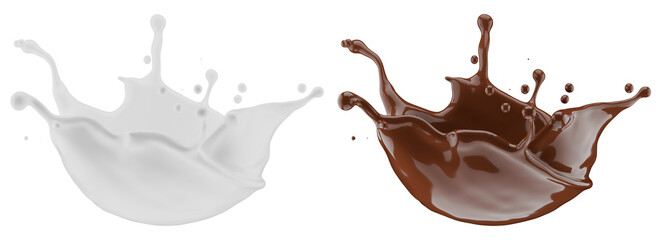 Milk and chocolate splash. Milkshake and melted brown choco isolated on white background. 3d render