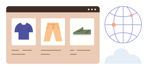 Web browser showing clothing items including a shirt, pants, and shoes. Adjacent globe symbolizing global accessibility and digital shopping. Ideal for e-commerce, retail, fashion, globalization