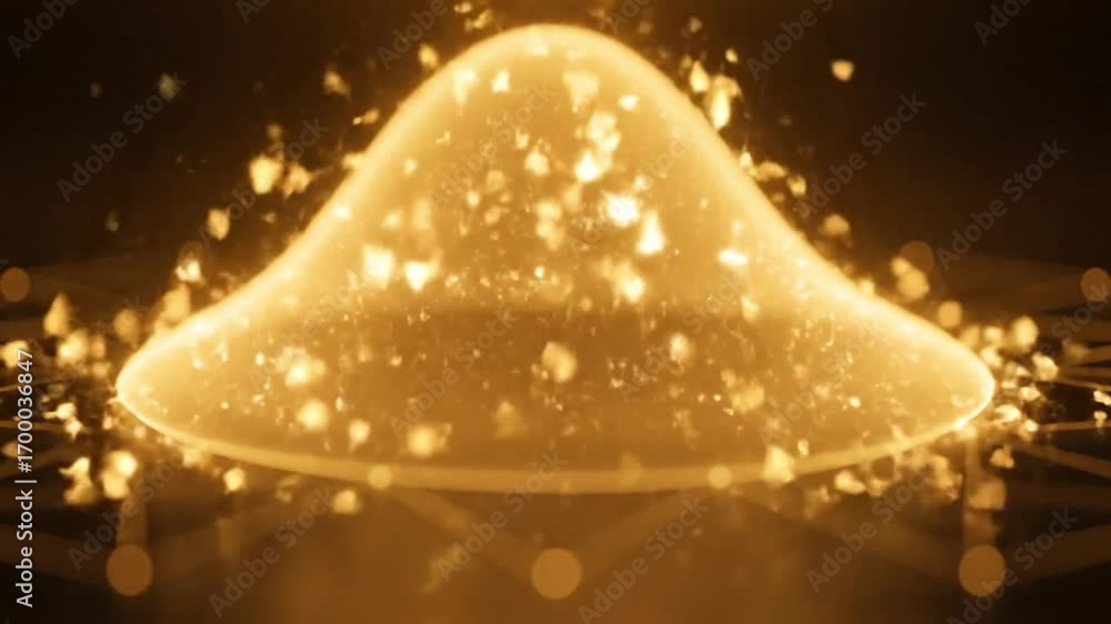 Poster a radiant golden abstract form, shimmering with digital particles, represents the intricate flow of 