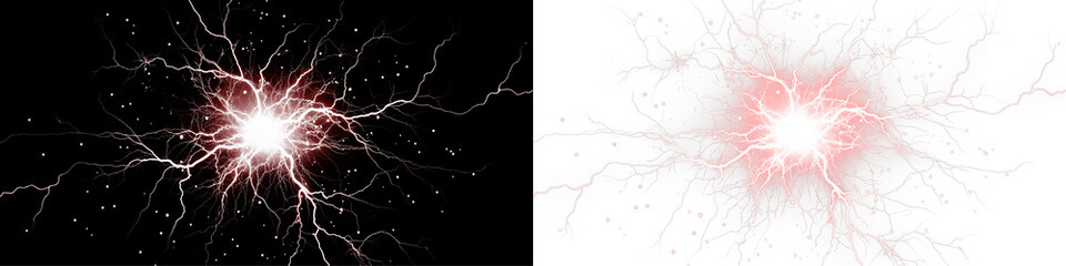 A striking pair of bright red lightning bolts on a deep black background