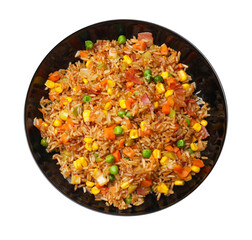 Tasty fried rice in bowl isolated on white, top view