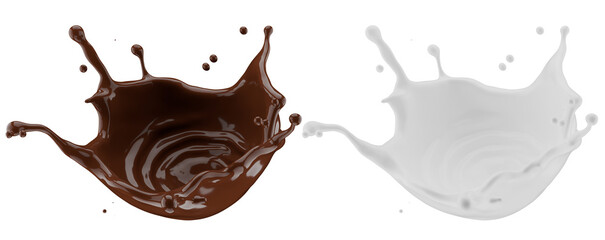 Milk and chocolate splash. Milkshake and melted brown choco isolated on white background. 3d render