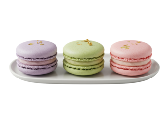 Three pastel lavender, pistachio, and rose gourmet macarons with gold flakes, arranged on a matte white ceramic plate against a transparent studio background, isolated effect, perfect dessert