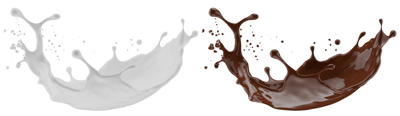 Milk and chocolate splash. Milkshake and melted brown choco isolated on white background. 3d render