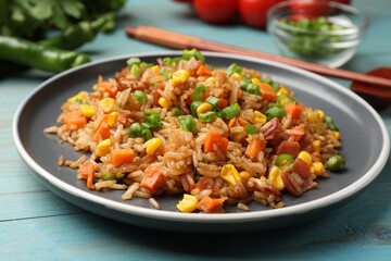 Delicious fried rice with vegetables and bacon on light blue wooden table, closeup