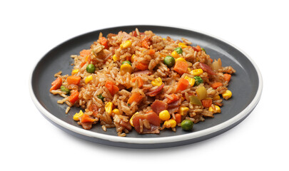 Delicious fried rice with vegetables and bacon isolated on white