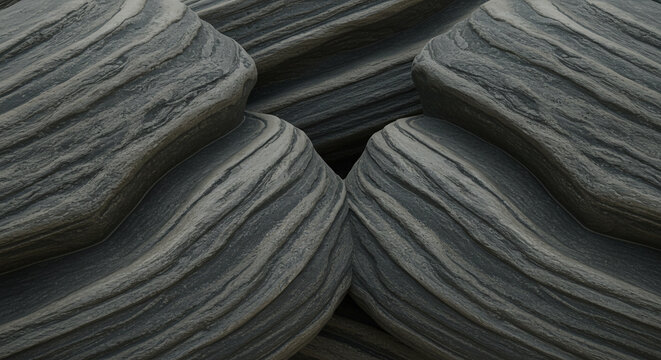 Close-up of layered rock formations showing patterns and textures in shades of gray and white.