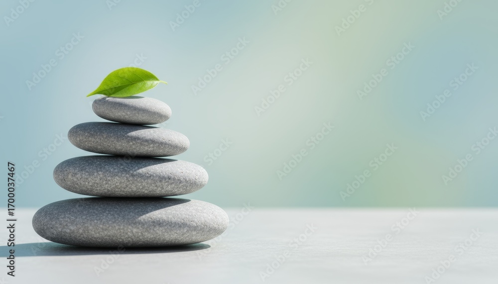 Poster stack of smooth balanced stones with green leaf on top against a soft blue background for tranquil a
