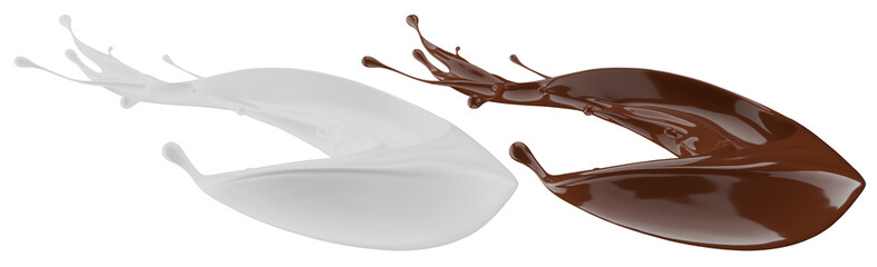 Milk and chocolate splash. Milkshake and melted brown choco isolated on white background. 3d render