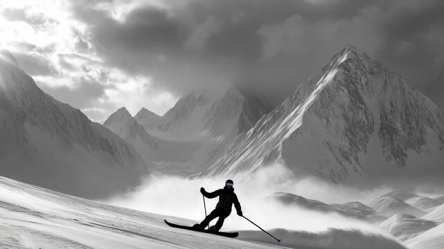 A skier in full gear with backpack on a snowy mountain slope