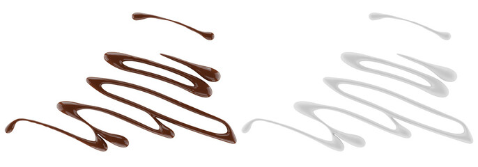 Milk and chocolate splash. Milkshake and melted brown choco isolated on white background. 3d render