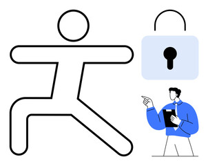 Large stick figure, blue lock with keyhole, man in blue shirt holding a notepad pointing to security status. Ideal for security, privacy, protection, analysis, management, guidance flat simple